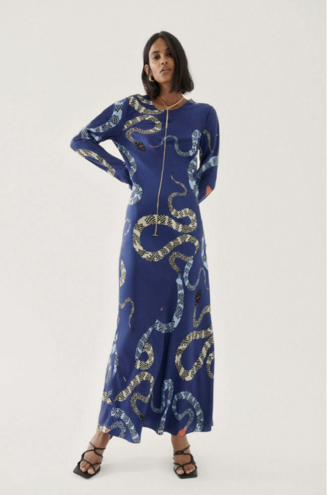 SILK LAUNDRY FULL SLEEVE BIAS DRESS BLUE SNAKES