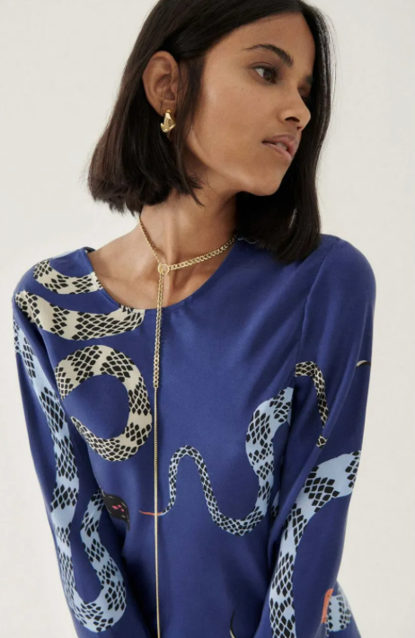 SILK LAUNDRY FULL SLEEVE BIAS DRESS BLUE SNAKES