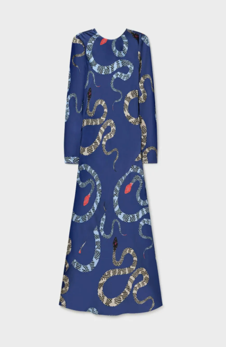 SILK LAUNDRY FULL SLEEVE BIAS DRESS BLUE SNAKES
