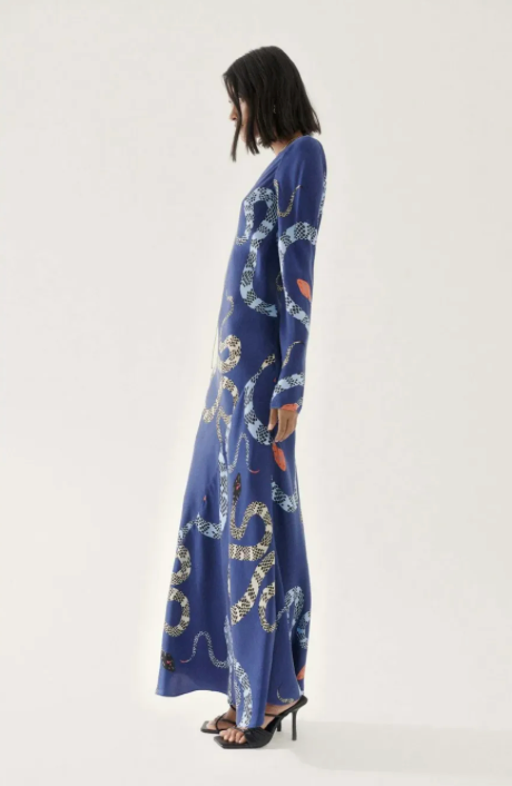 SILK LAUNDRY FULL SLEEVE BIAS DRESS BLUE SNAKES